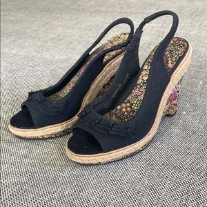Black espadrille style peep toe wedge heel